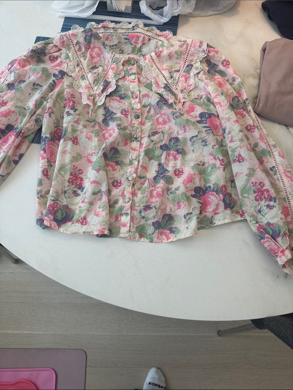 LoveShackFancy Pink Floral Lace-Trim Button Blouse